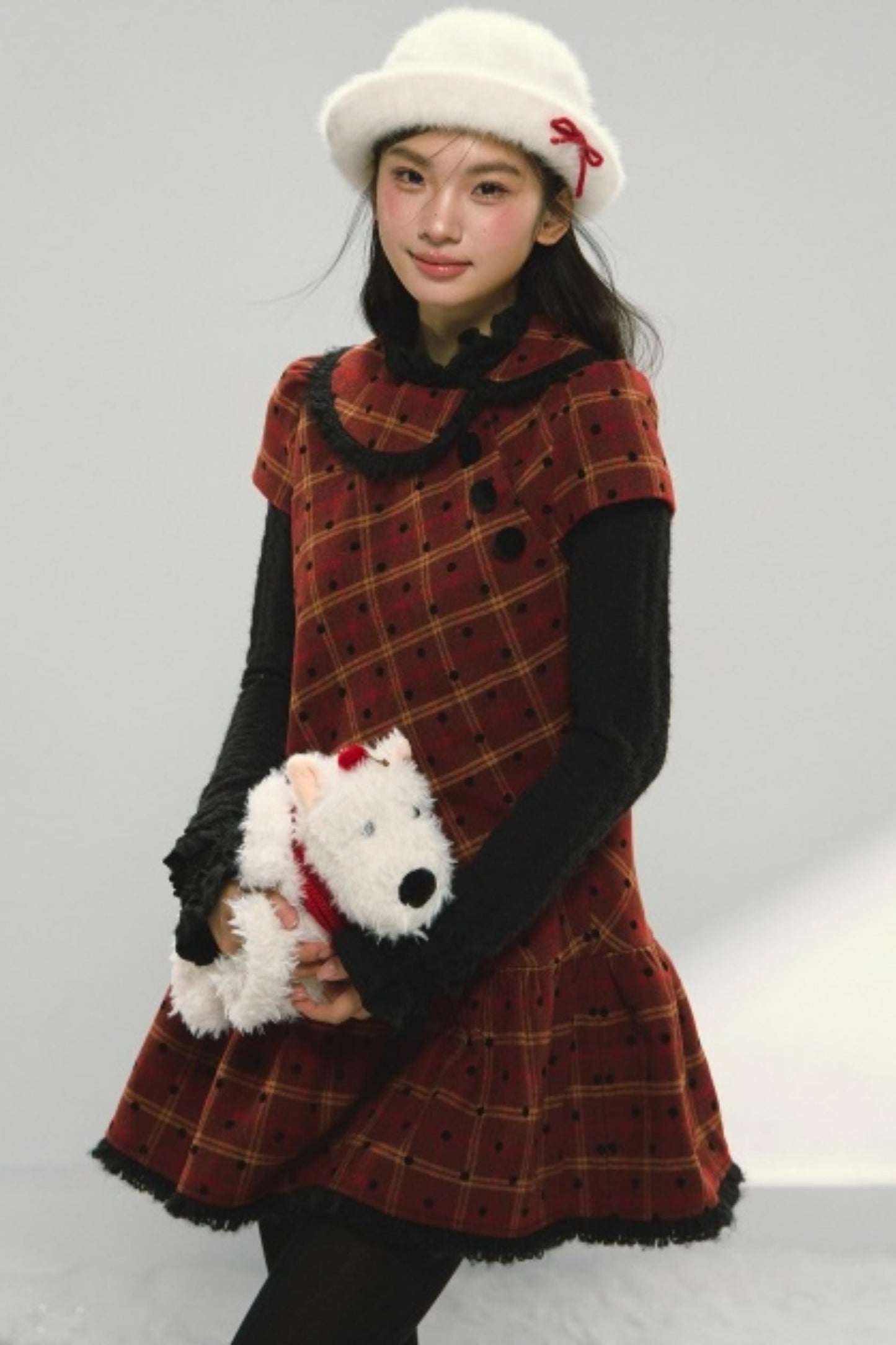 Christmas Plaid Tweed A-Line Dress Set-Up
