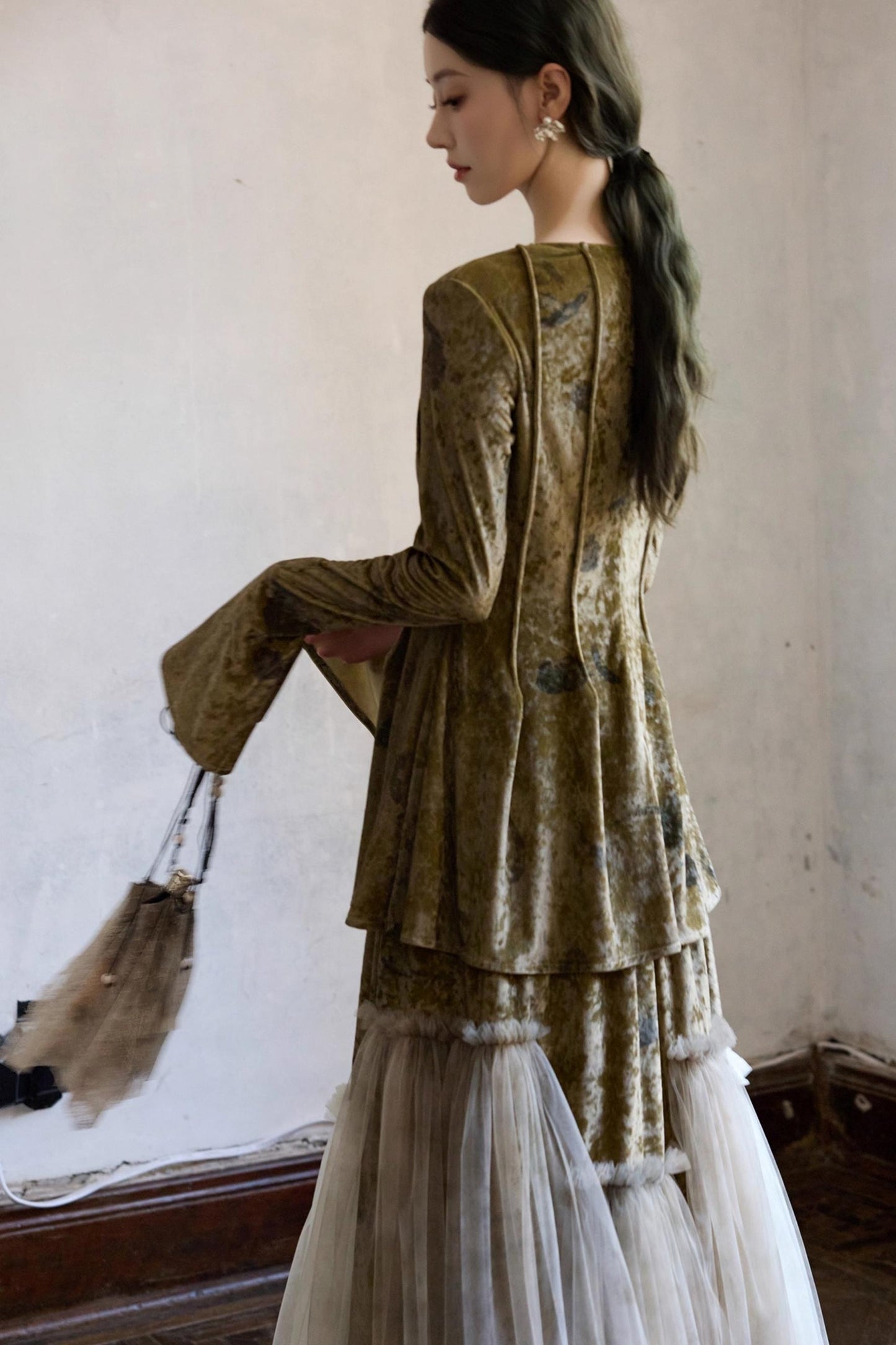 French Velvet Long Sleeve Lace-up Top