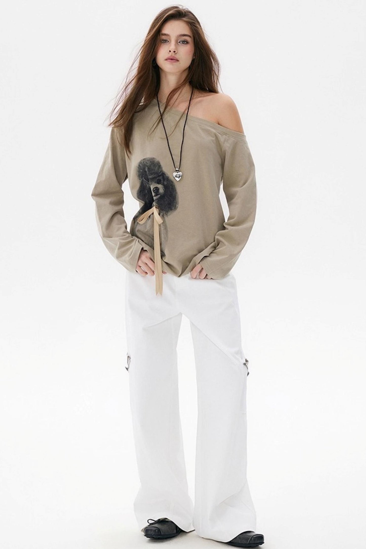 Khaki Bow knot Off-Shoulder T-Shirt