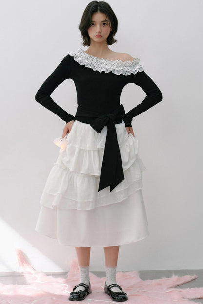 Slanted Polka Dot Long-Sleeved T-Shirt