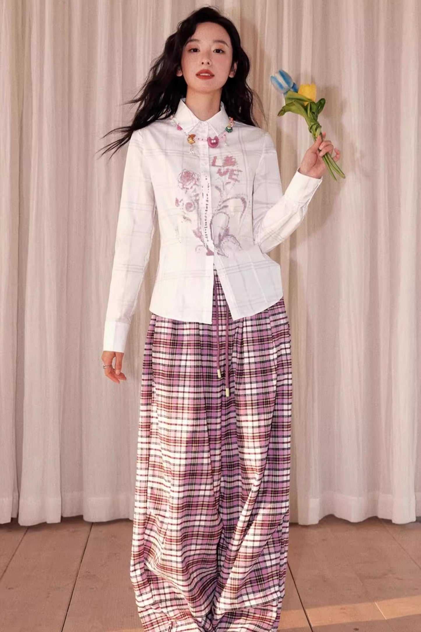 Flower Grid Print Shirt