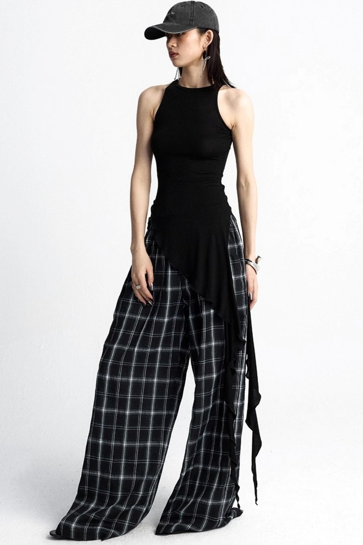 Summer Plaid Wide-Leg Pants