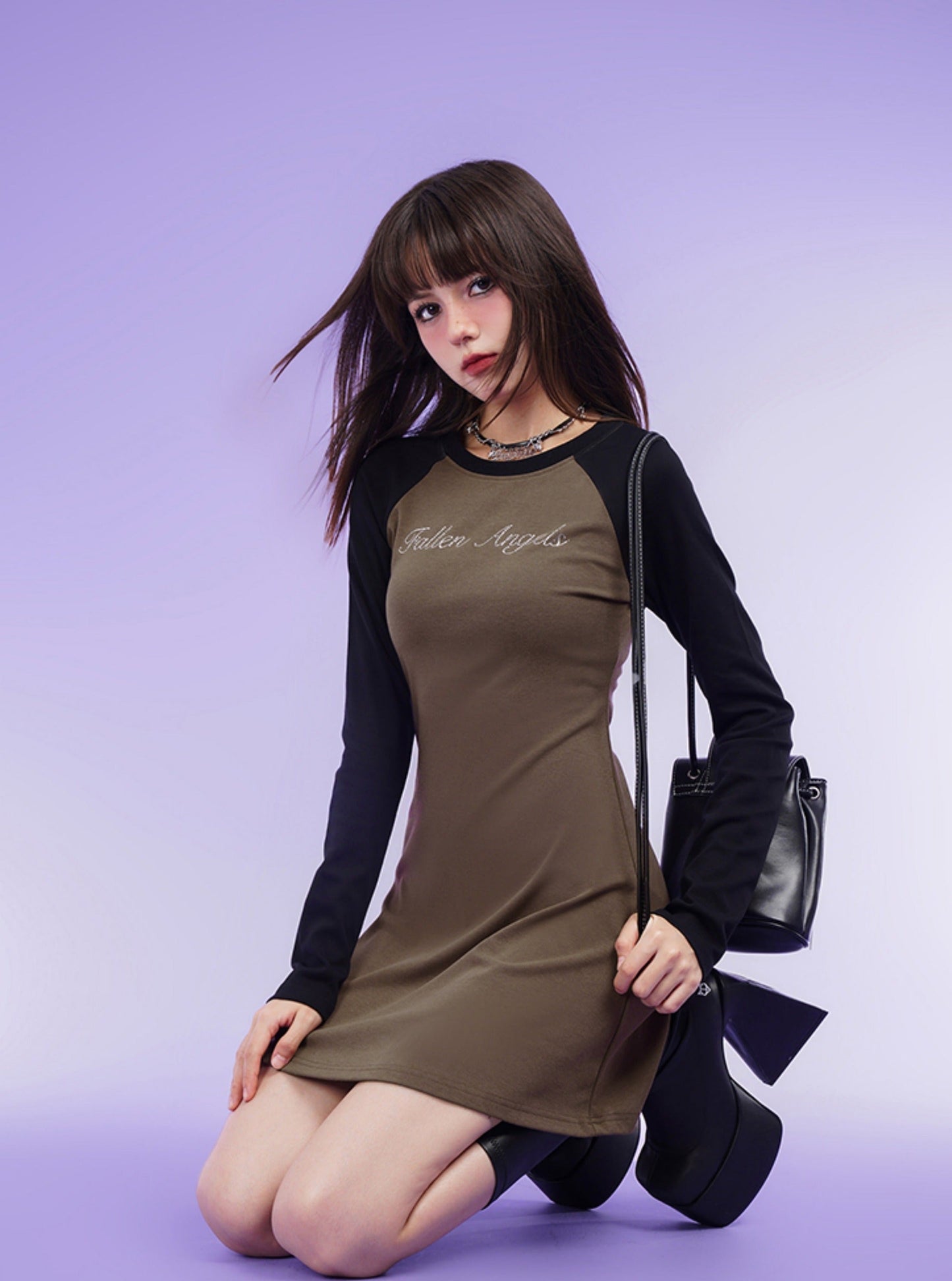 Long Sleeve Chest Lettering T-Shirt Dress