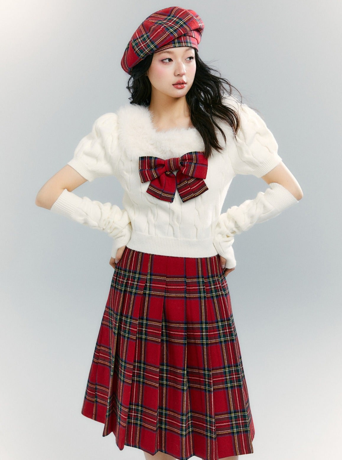 Fur Collar Tops Red Plaid Skirt 2-piece Set