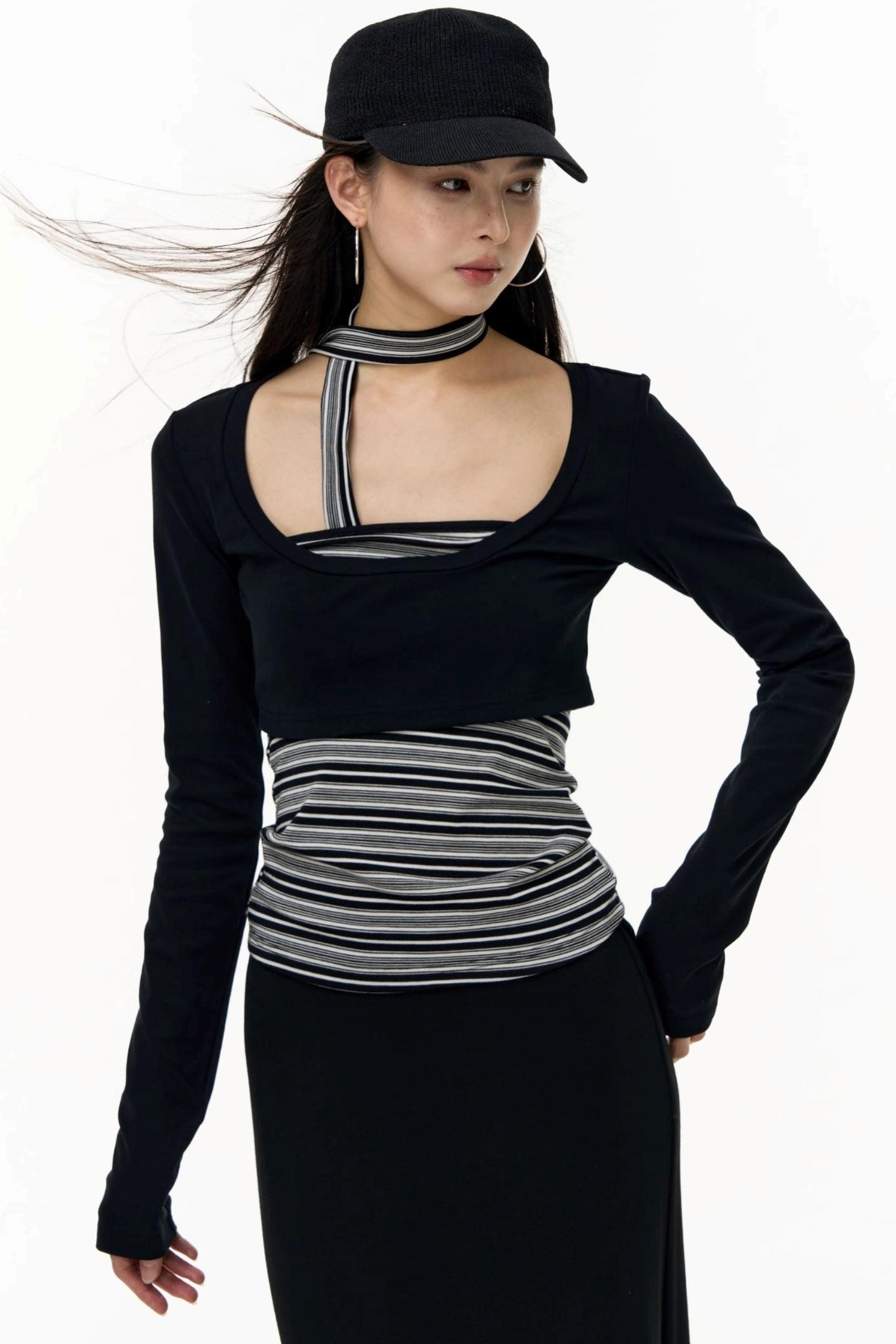 Contrast Long-Sleeved Top With Bandeau Set