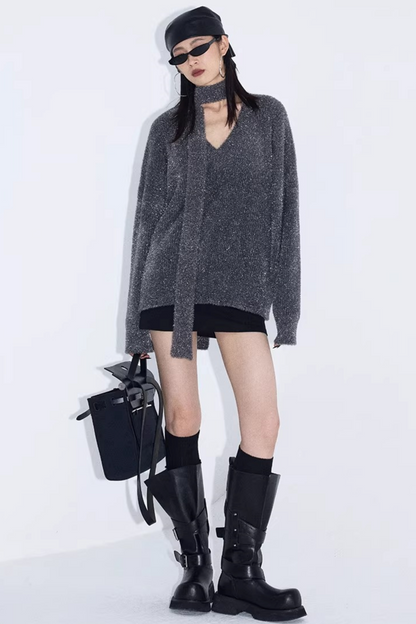 Silberner Faden V-Ausschnitt Strickpullover