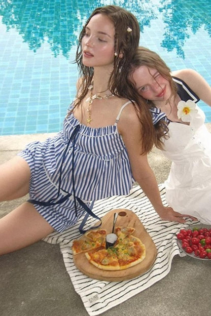 Blue Striped Ruffle A-Line Shorts Set-Up