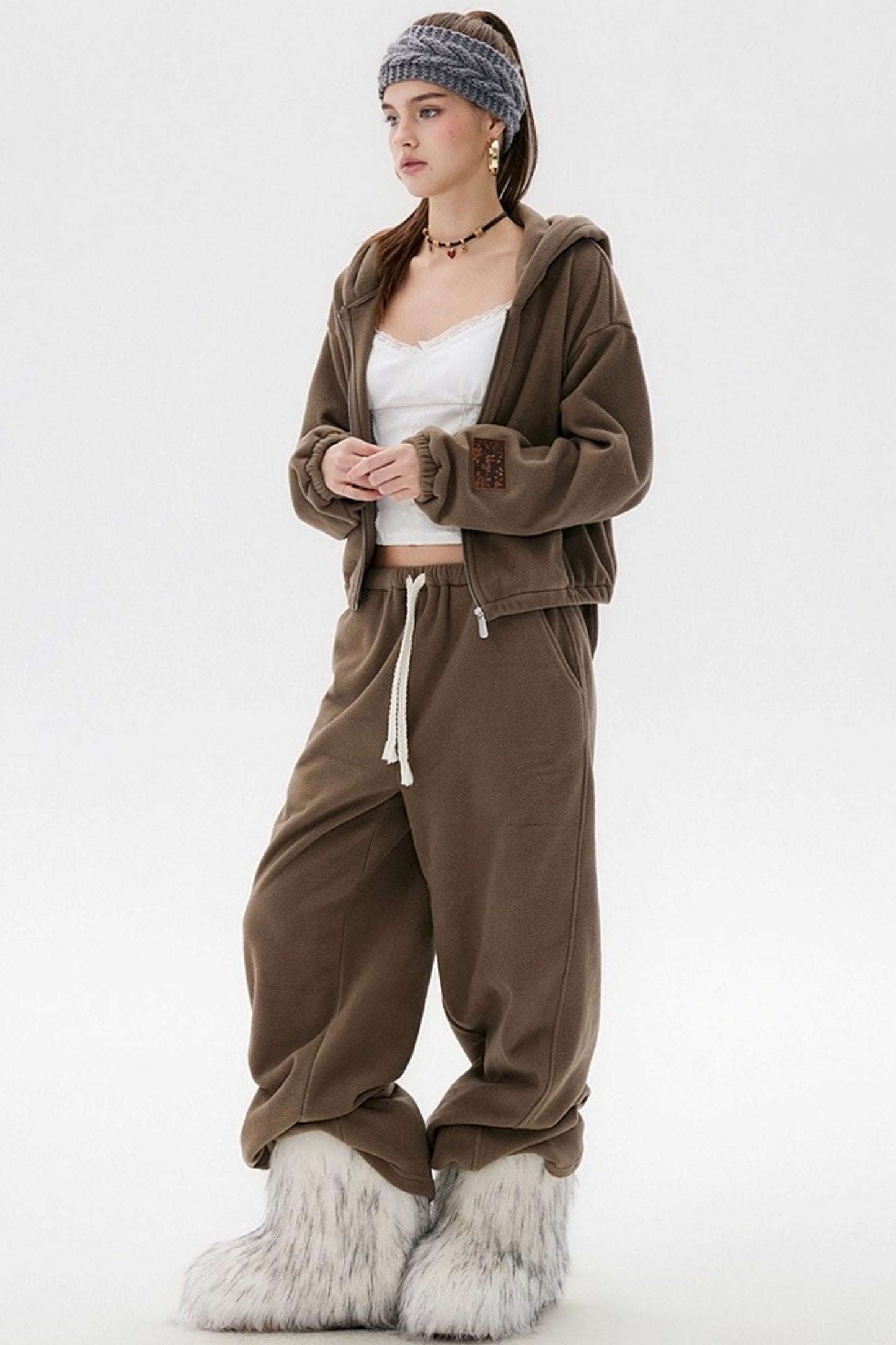 Khaki Fleece Bunny Ear Cardigan Set-Up