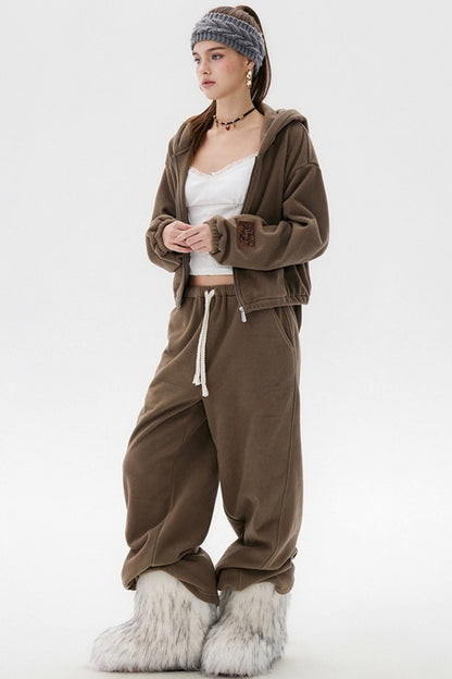 Khaki Fleece Bunny Ear Cardigan Set-Up