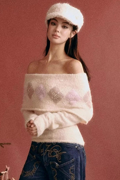 Vintage Argyle Off-Shoulder Sweater