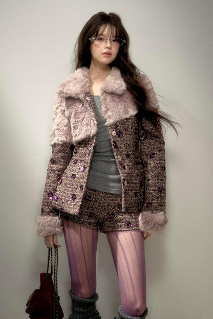 Retro Chic Purple Sequin Tweed Suit Set-Up