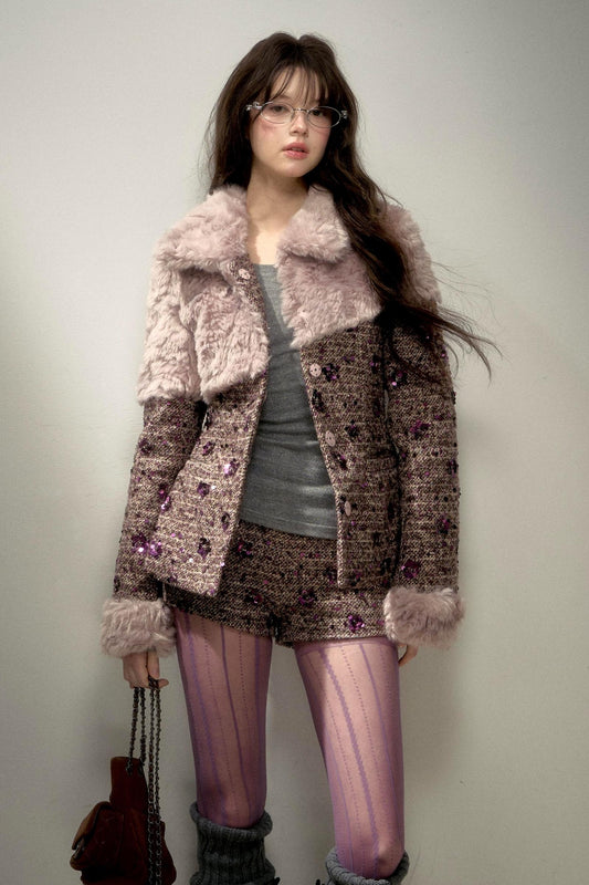 Retro Chic Purple Sequin Tweed Suit Set-Up