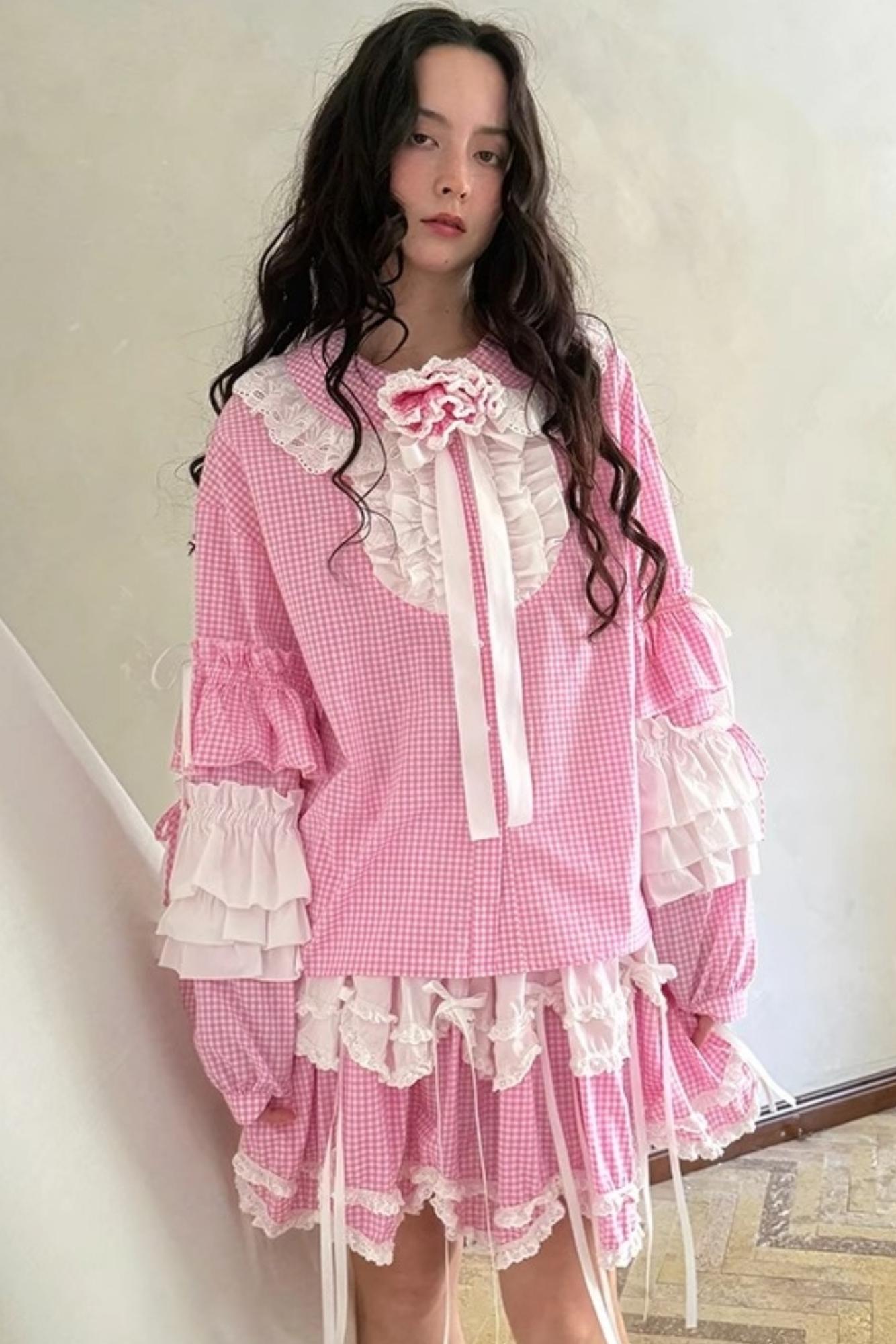 Pink-White Plaid Lace Shirt