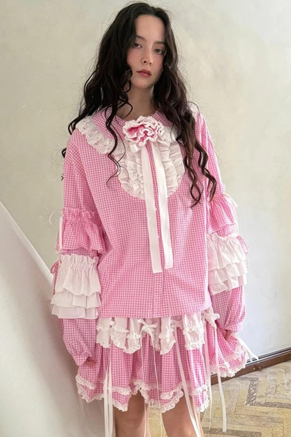 Pink-White Plaid Lace Shirt