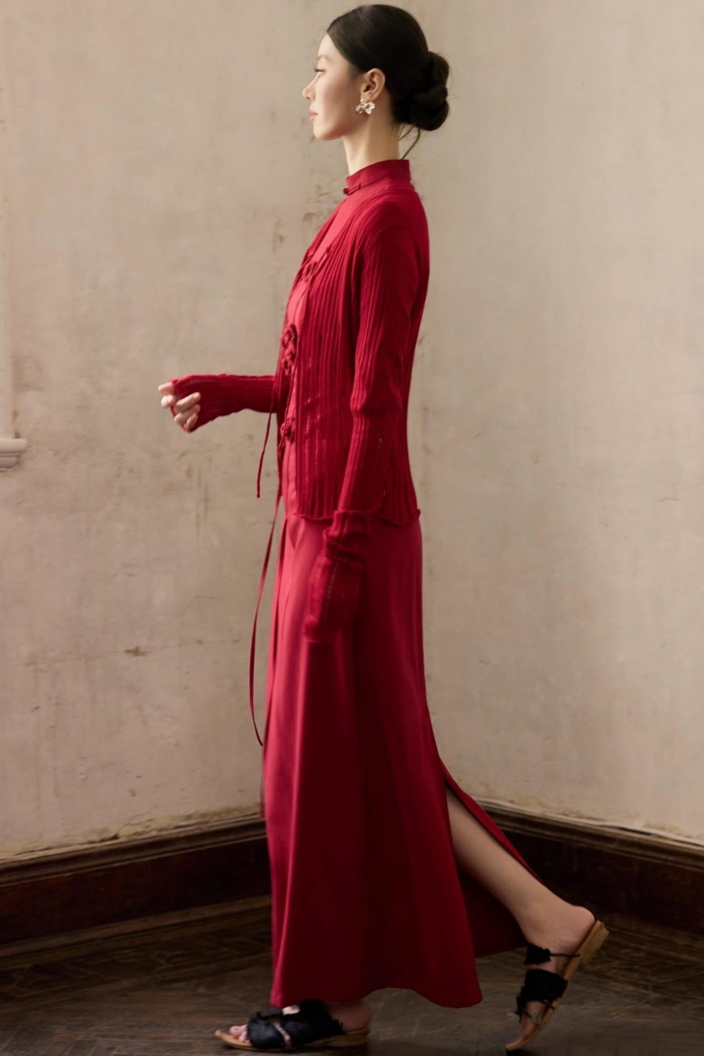 Autumn Red Knitted Cardigan