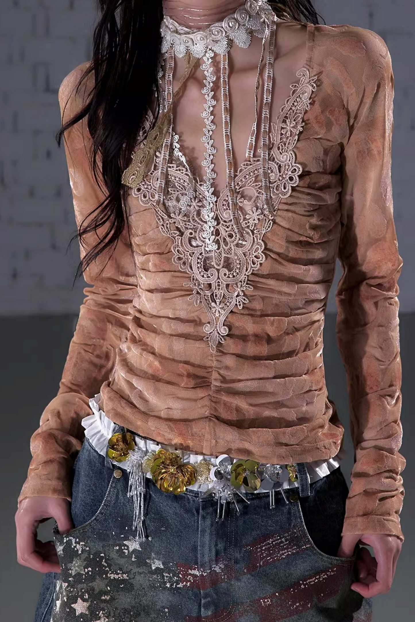 Vintage Samtbluse mit Spitze