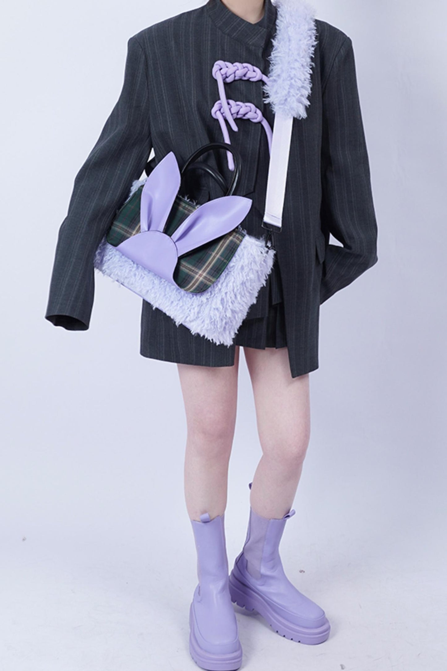 Plaid Rabbit Fur Tote Bag