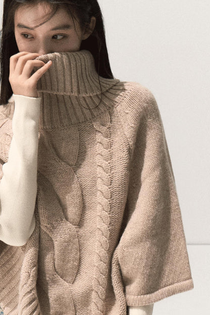 Moon Wool Twist Knit Cape Sweater Set-Up