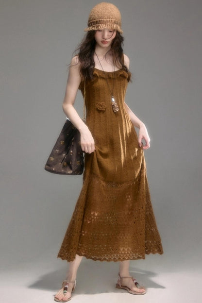 Crochet Knit Camisole Dress Cardigan Set-Up