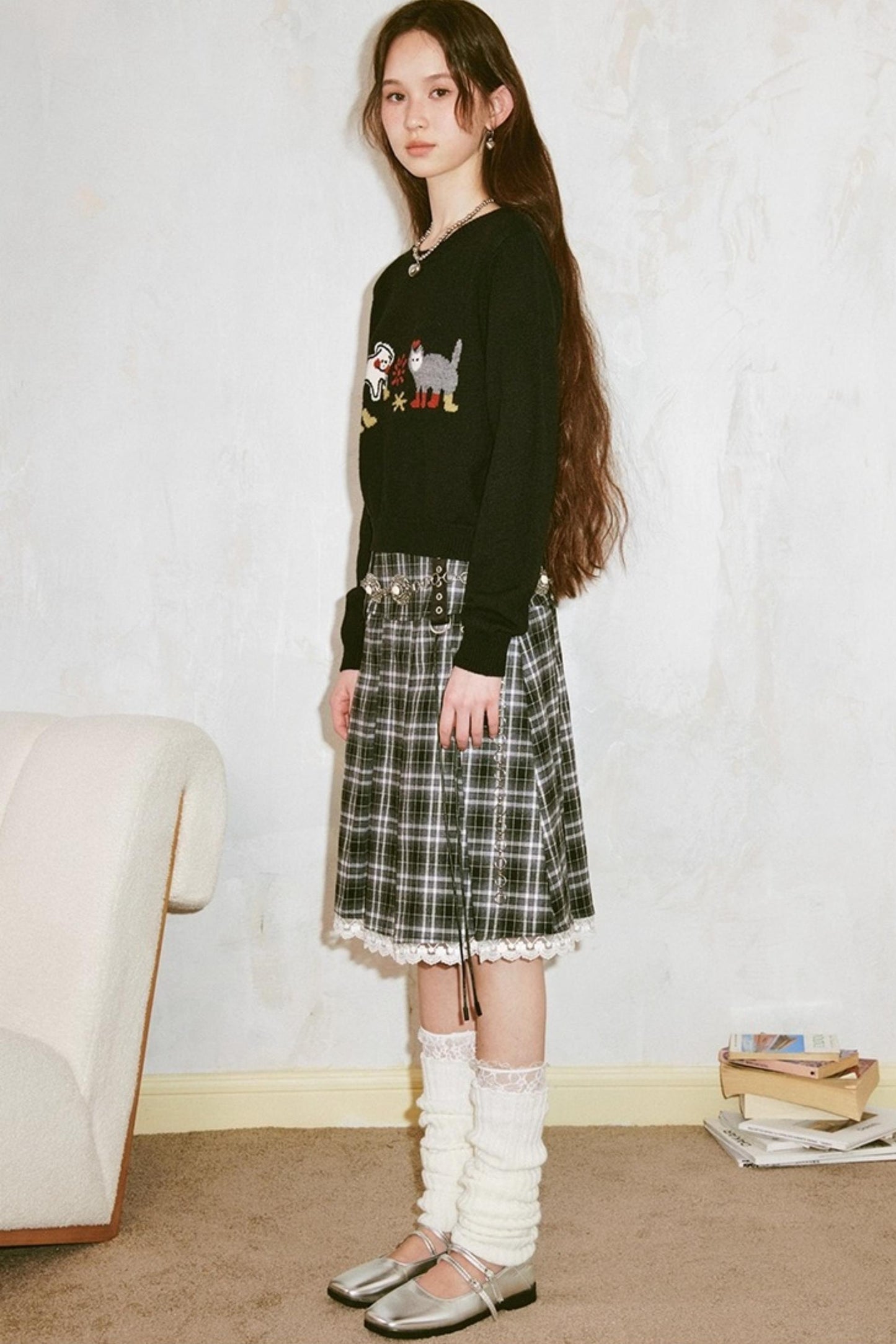 Kitten And Puppy Embroidered Wool Blend Knit Sweater