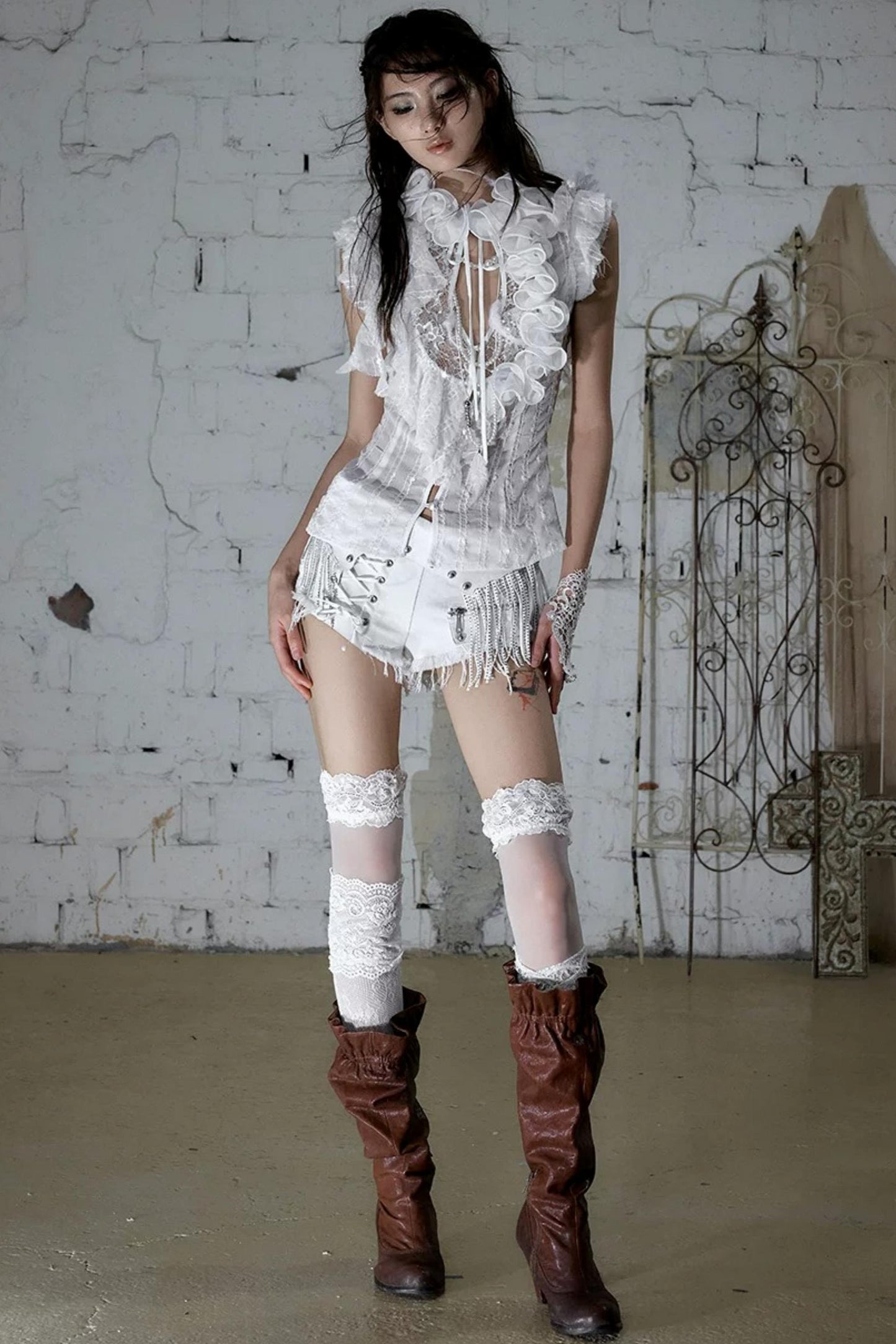 Punk Chain Leather Denim Shorts