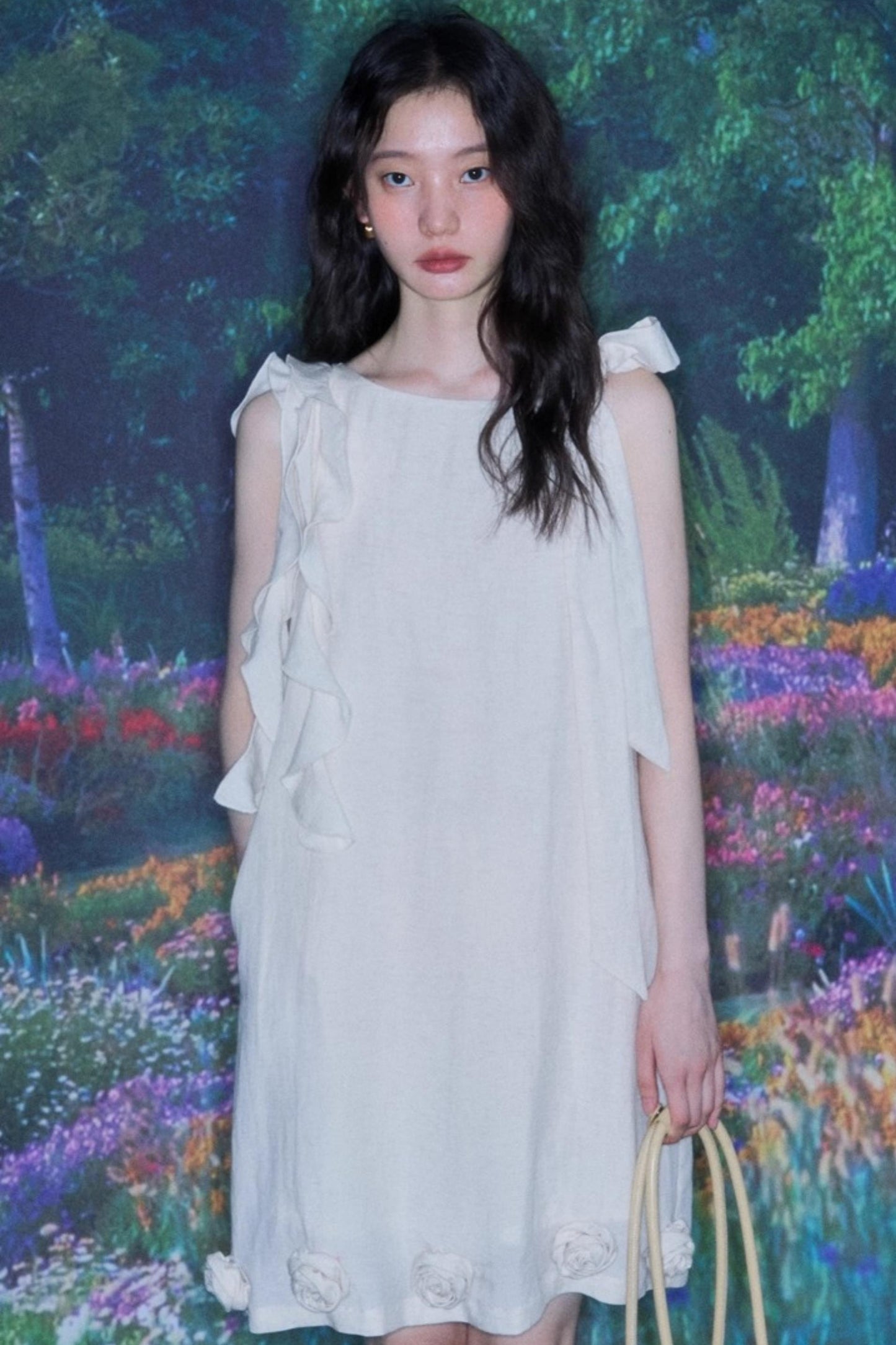 Three-Dimensional Rose Lace Linen-Blend Dress