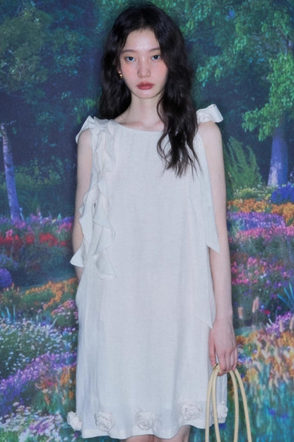 Three-Dimensional Rose Lace Linen-Blend Dress