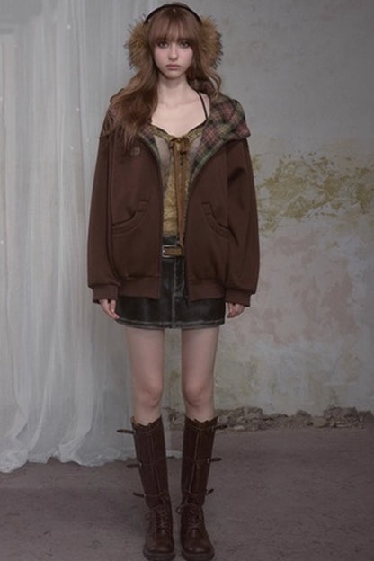 Sweet Lazy Plaid Sweatshirt Jacket