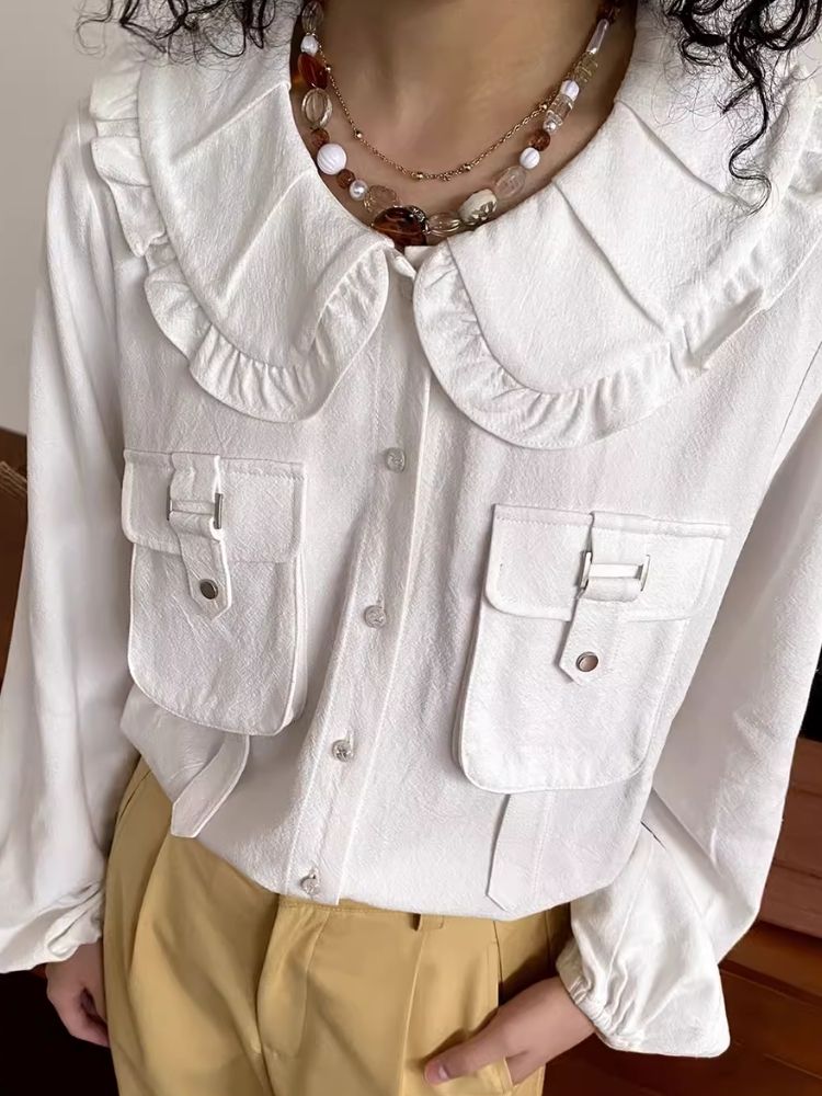 Doll Collar Cotton Pocket Loose Shirt