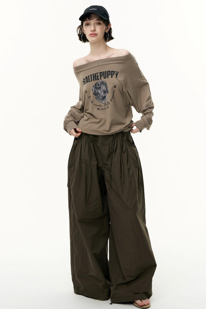 Puppy Print Slanted Shoulder T-Shirt