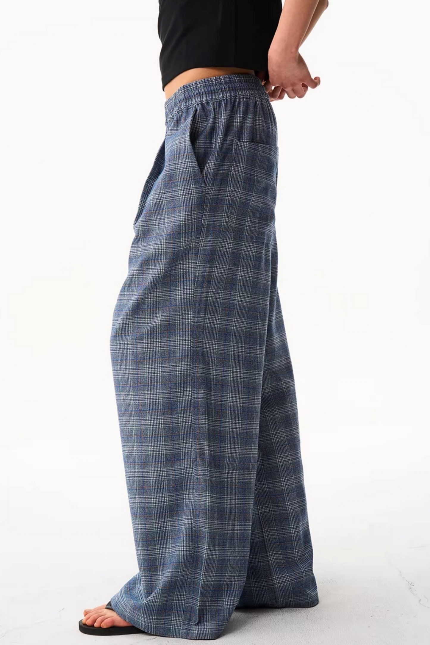Blue Plaid Wide-Leg Pants