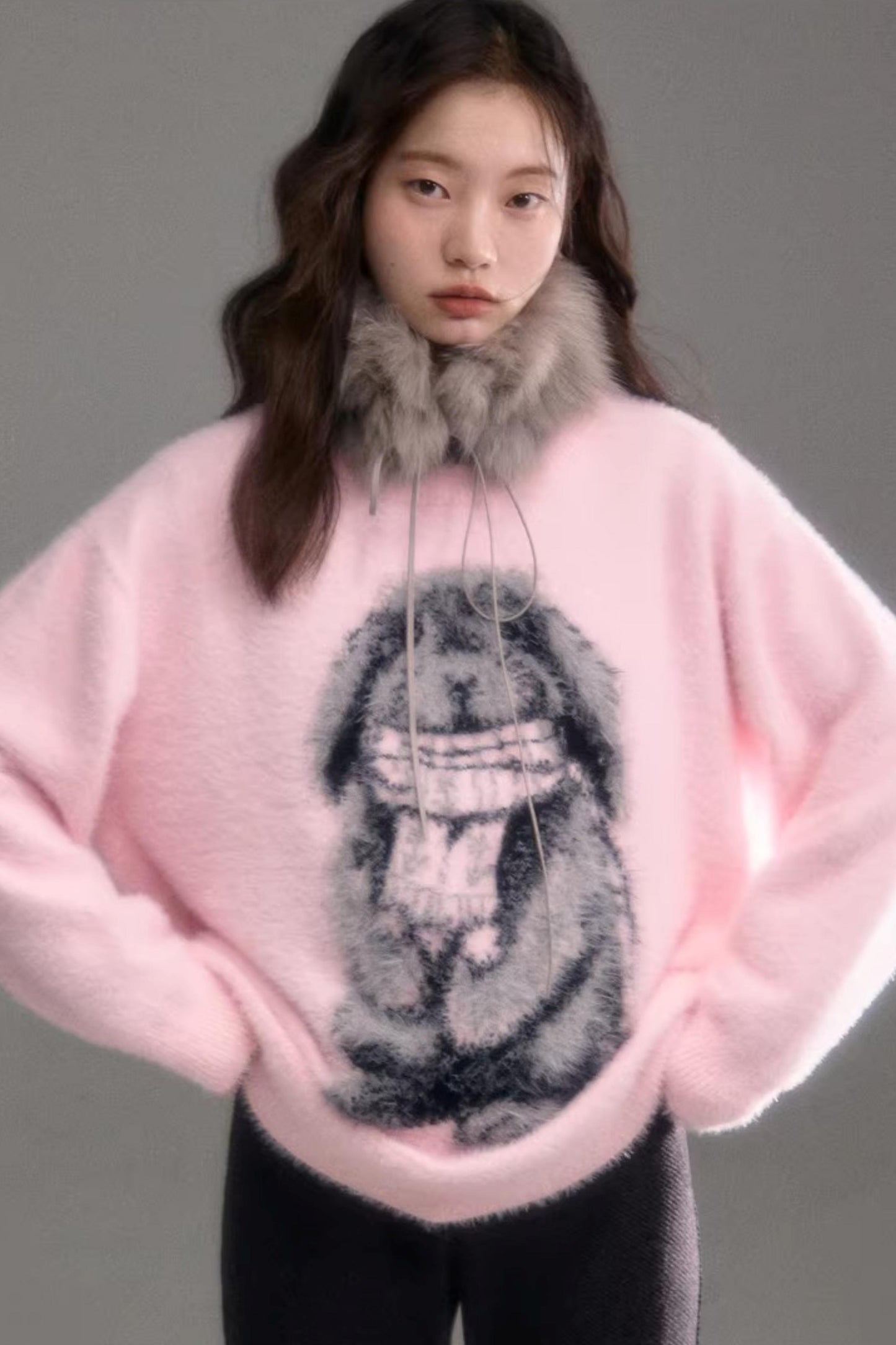 Color-Blocked Rabbit Jacquard Sweater