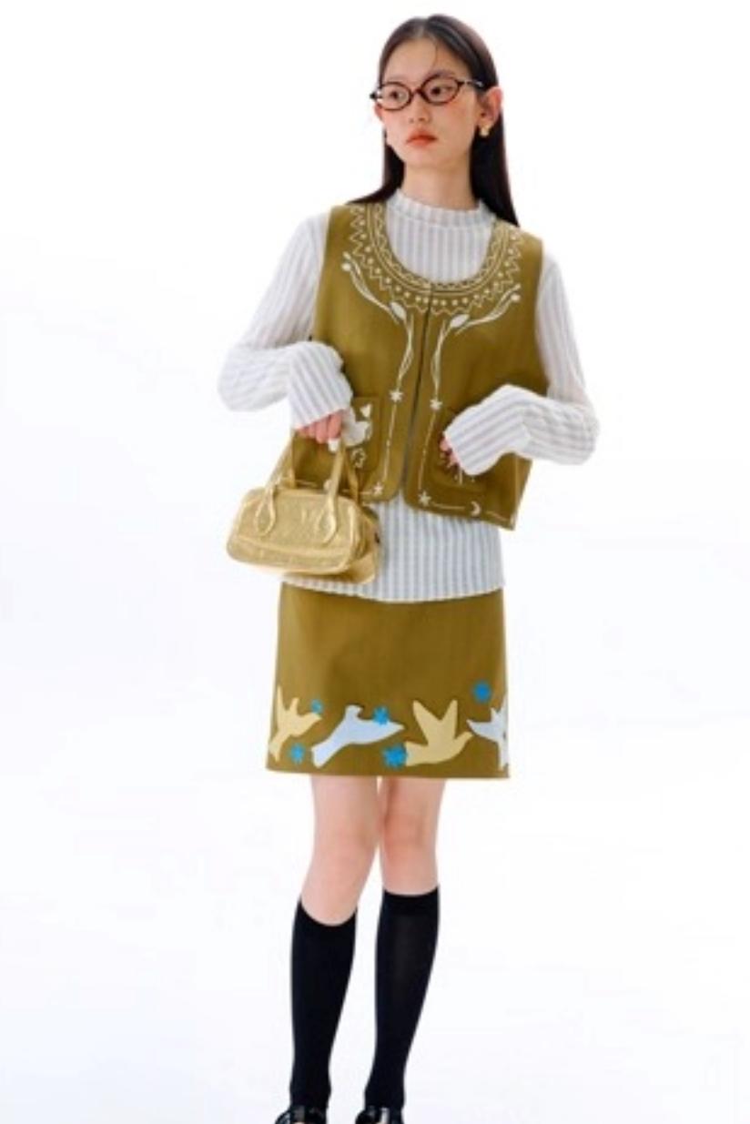 Bright Star Vintage Bird Embroidery Wool Jacket Set-Up