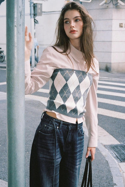 Striped Asymmetrical Slanted Placket Shirt Set-Up