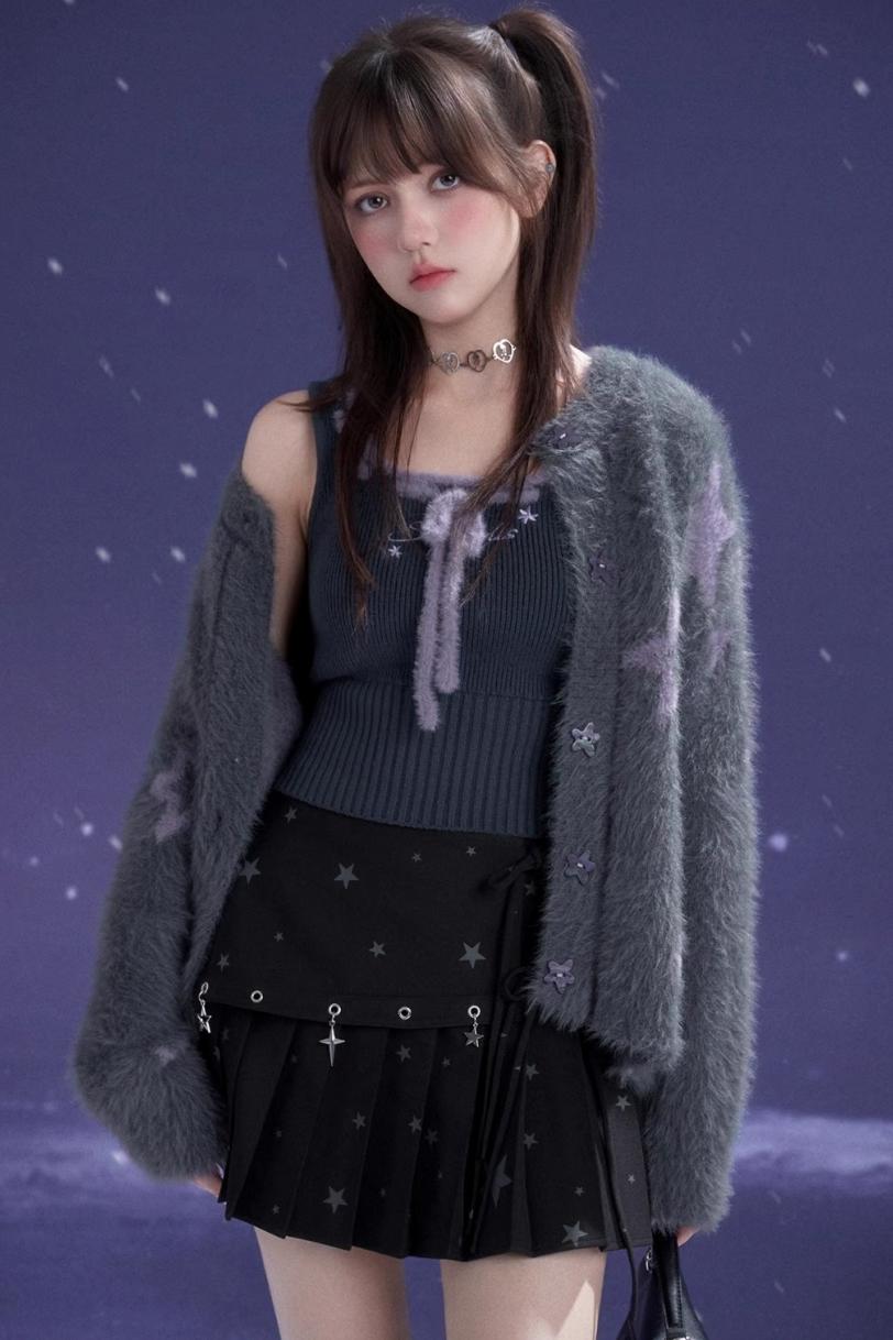 Gray Purple Star Plush Jacket Set-Up