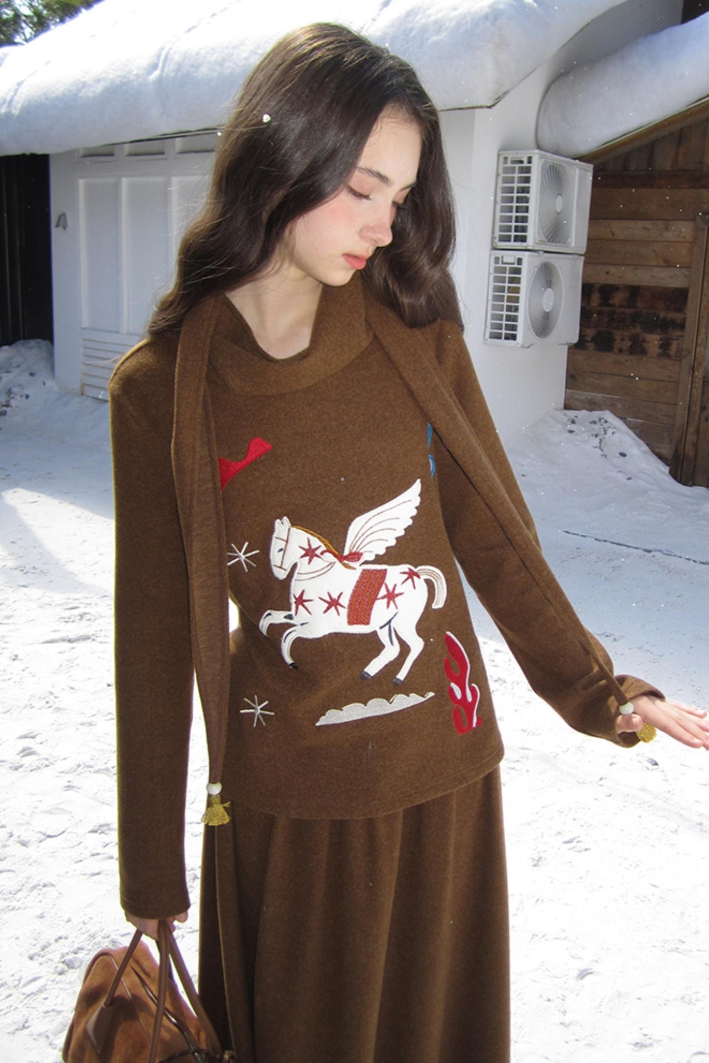 Three-Dimensional Pony Knit Top & Skirt Set