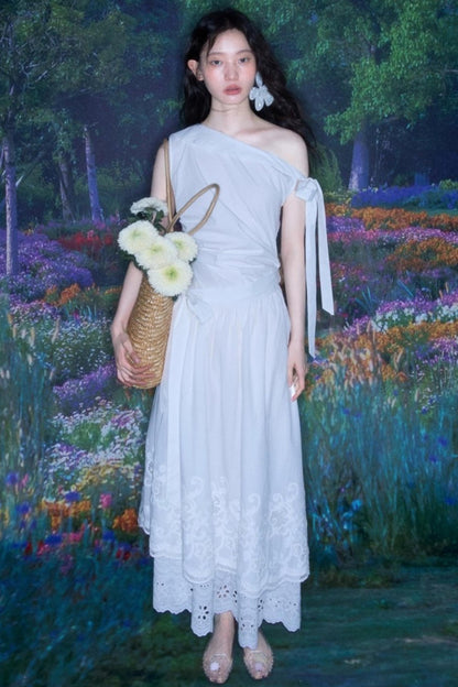 Slant Shoulder Tencel Cotton Dress