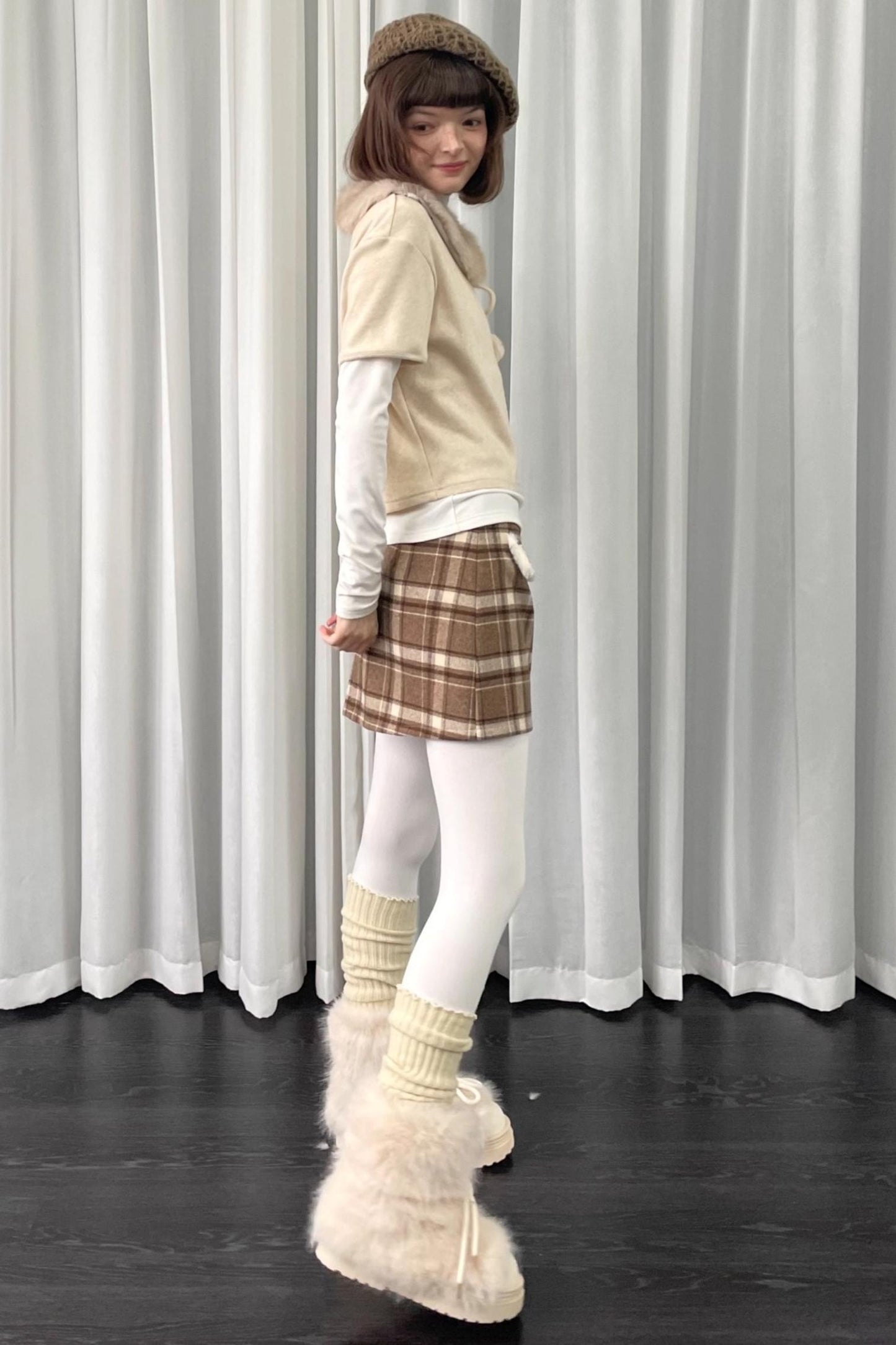 Beige Fur Collar Layered Top