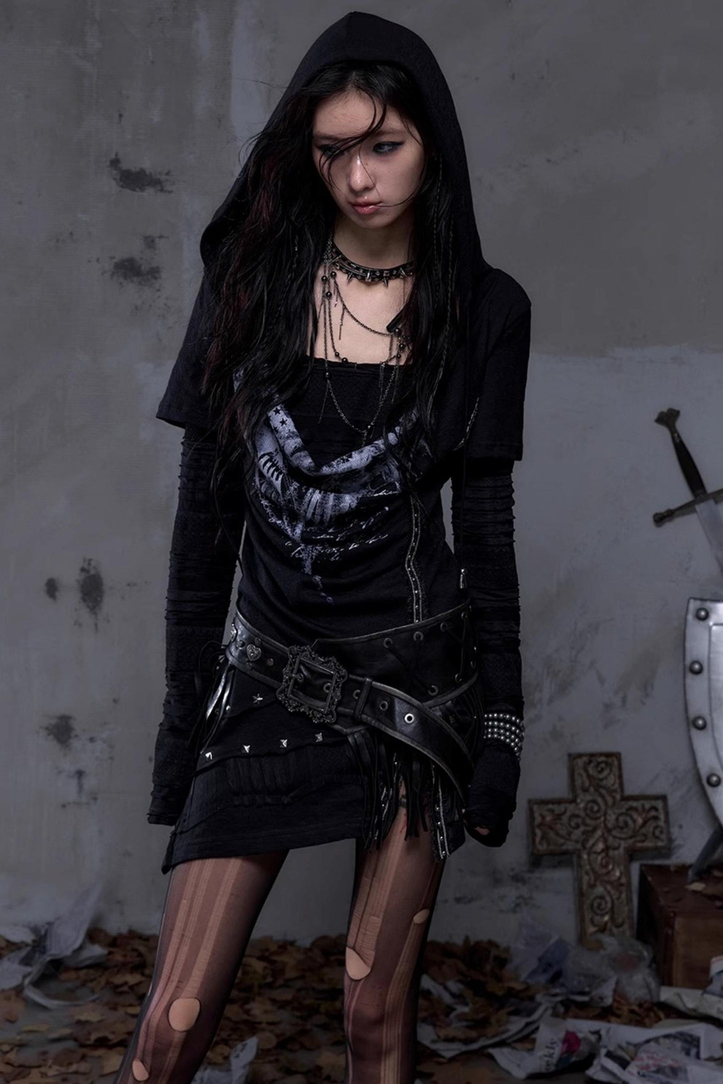 Rock Swing Collar Print Long Sleeve Dress