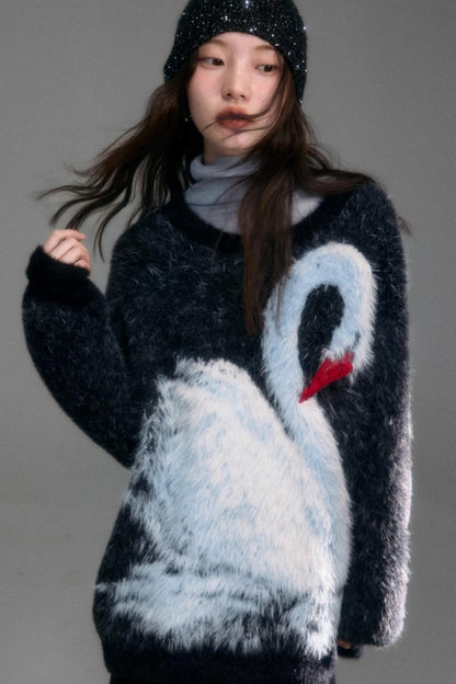 Moonlight Swan Faux Velvet Sweater