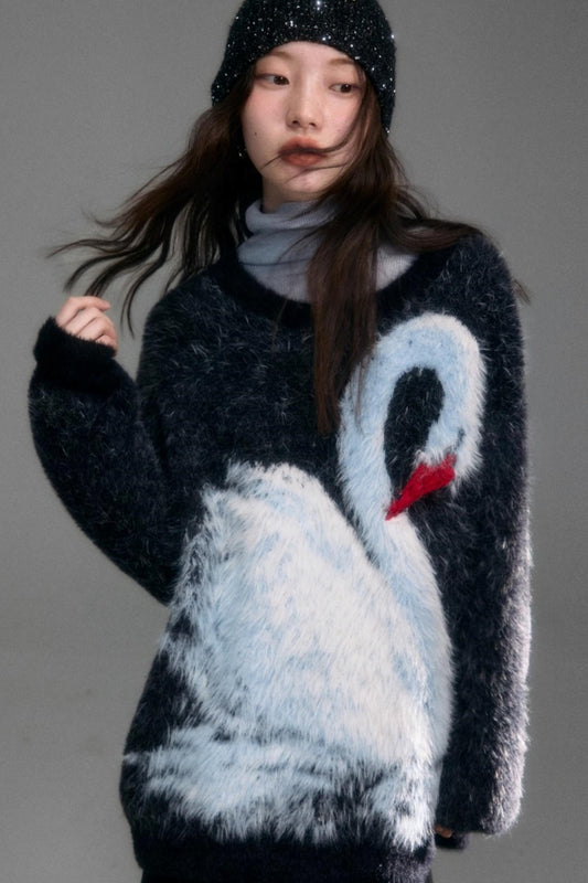 Moonlight Swan Faux Velvet Sweater