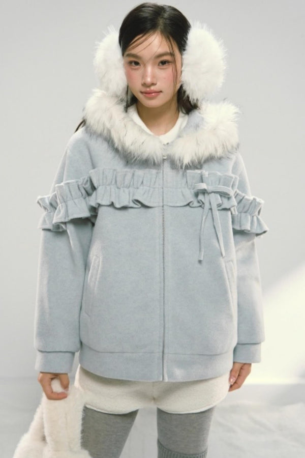 Lace Hooded Cotton Tweed Zip Jacket