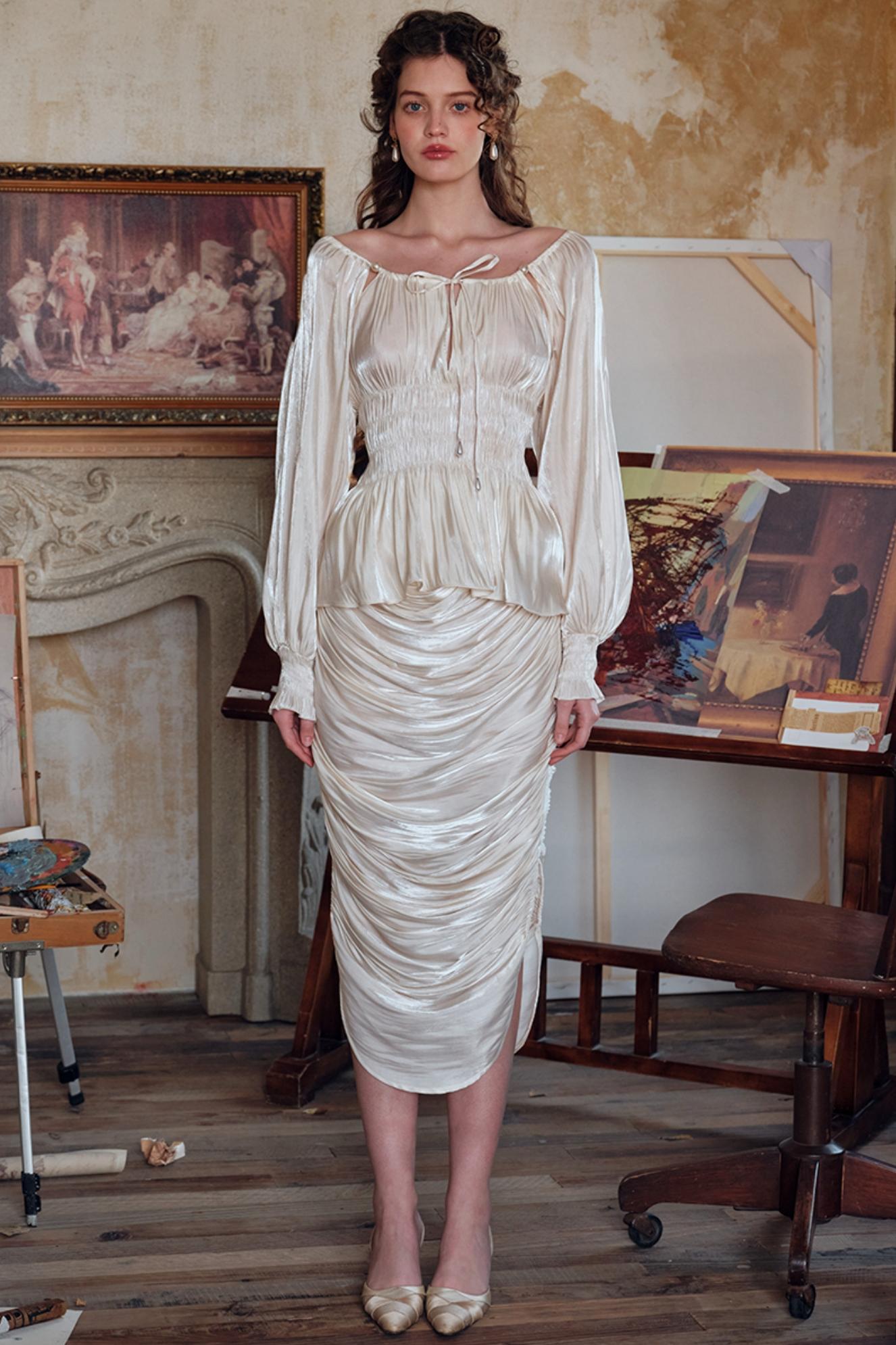 Satin Slim Fit Vintage Skirt Shirt Set-Up