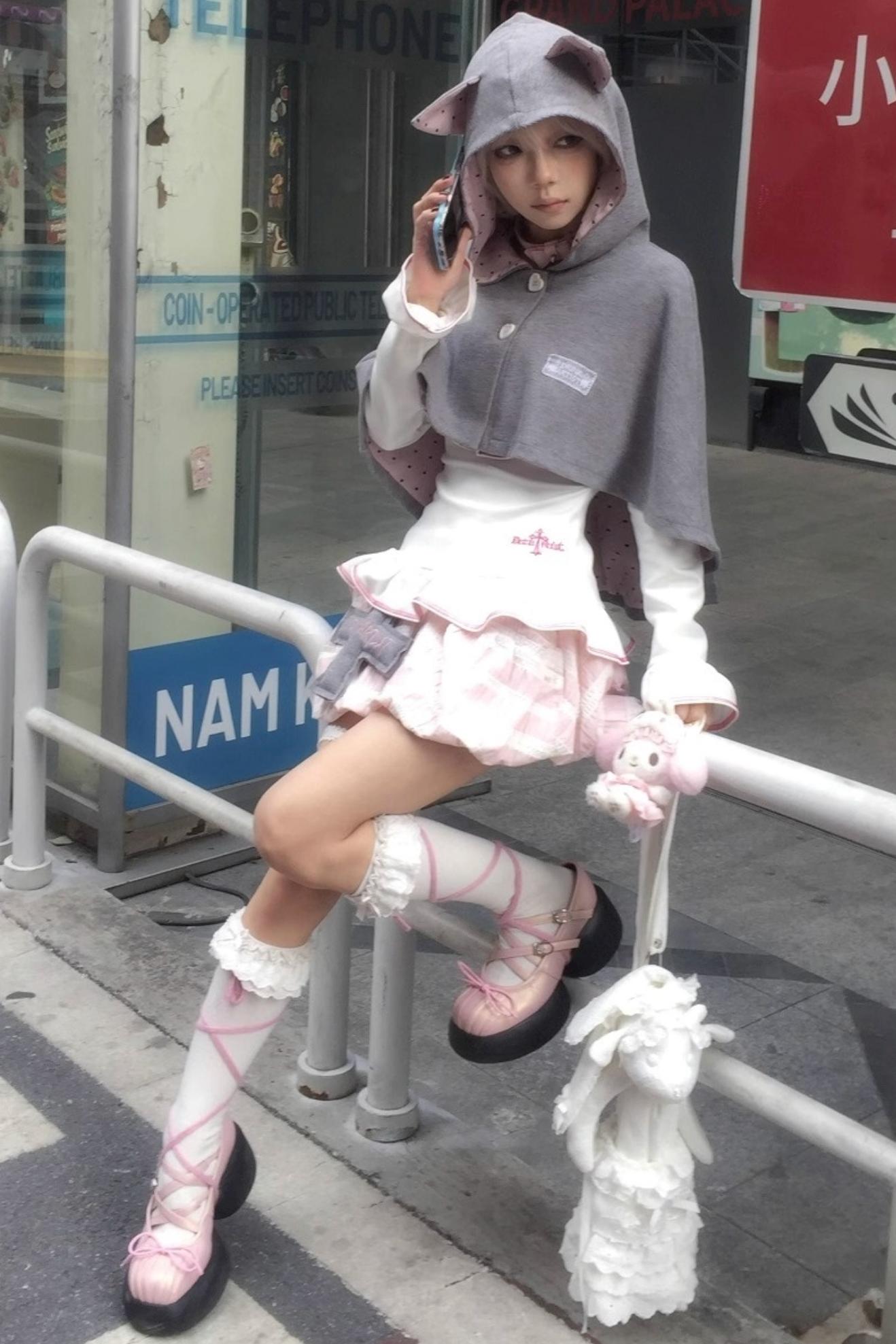 Cute Gray-Pink Cat Ears Hooded Coat