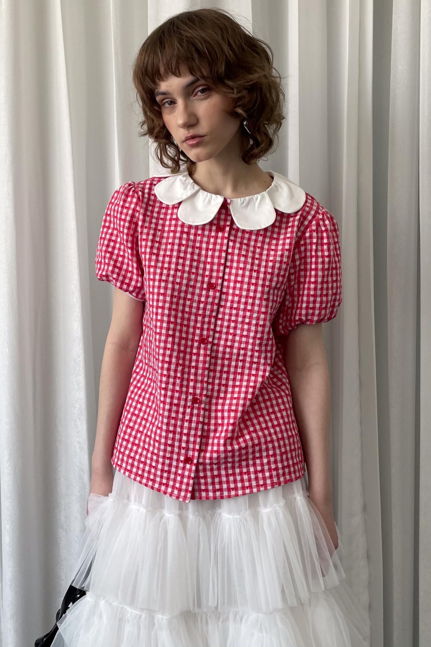 Red Plaid Lantern Sleeve Shirt