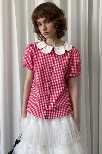 Red Plaid Lantern Sleeve Shirt