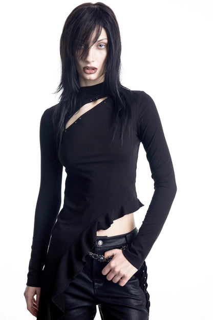 Openwork Rivet Ruffled Knit Top