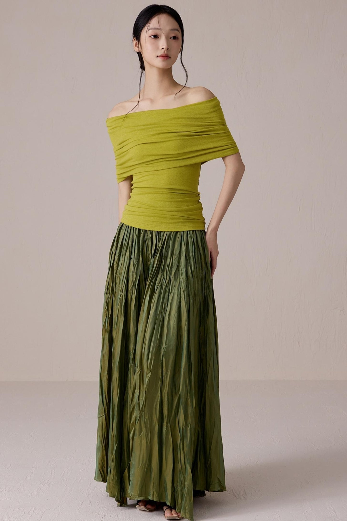 Green One-Shoulder Knit Top