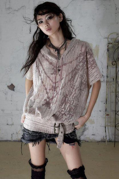 Punk Ripped Knit Hooded Blouse