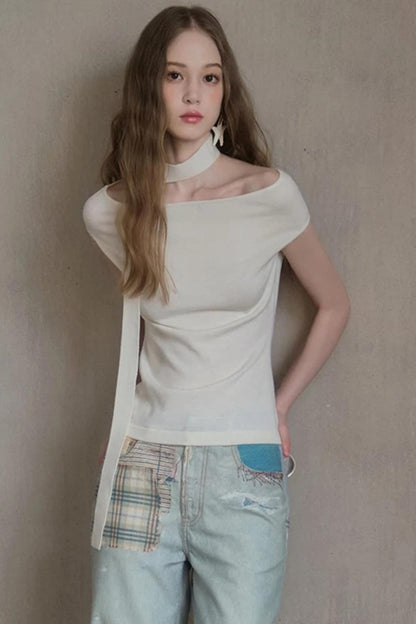 Milk White Asymmetrical Knit Top